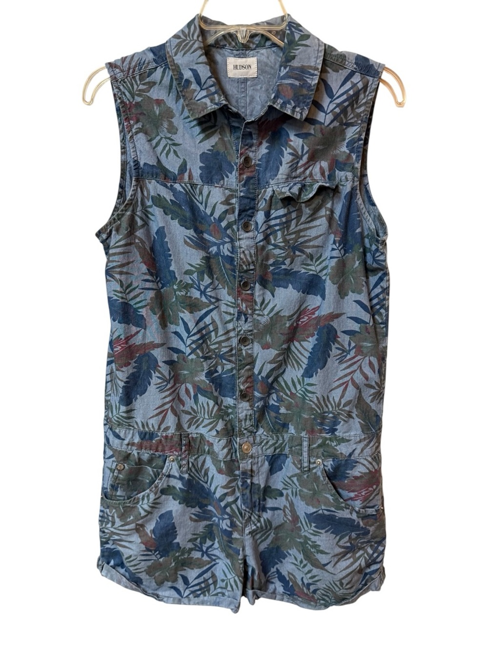 Hudson Jeans Blue Floral-Print Sleeveless Denim Look Romper